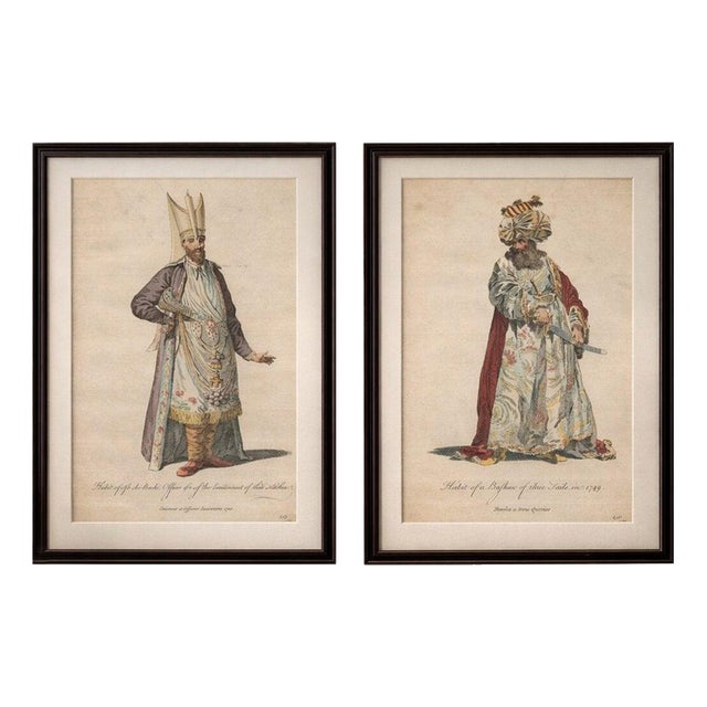 Ottoman Court Figures, Hand-Colored Engravings, 1749, Set of 2 For Sale