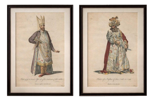 Ottoman Court Figures, Hand-Colored Engravings, 1749, Set of 2