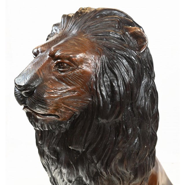 Large Cat Castings Bronze Lion Gatekeeper Statues, Set of 2 For Sale - Image 10 of 11