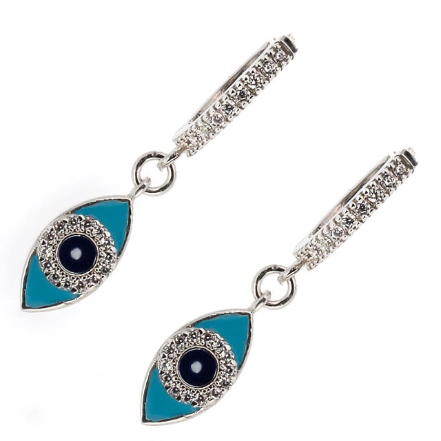 Contemporary Turquoise Sparkly Evil Eye Sterling Silver Earrings, A Pair For Sale - Image 3 of 6