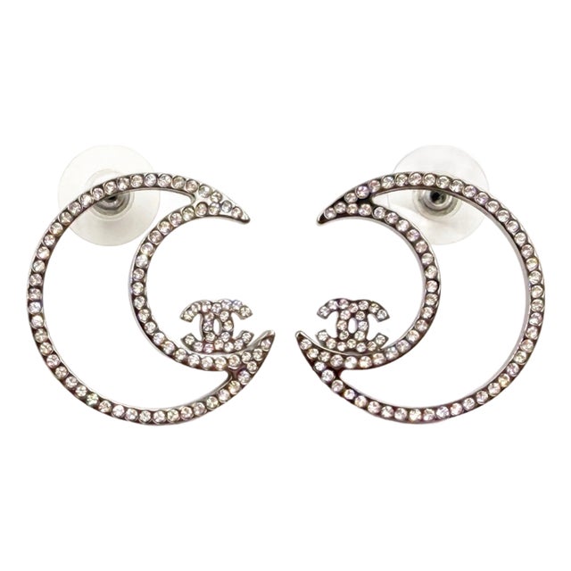Chanel Silver CC Half Moon Crystal Piercing Earrings, A Pair For Sale