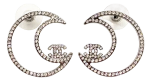 Chanel Silver CC Half Moon Crystal Piercing Earrings, A Pair