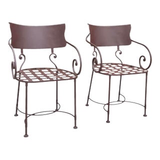 Vintage Scroll Arm Wrought Iron Patio Dining Chairs - Pair For Sale