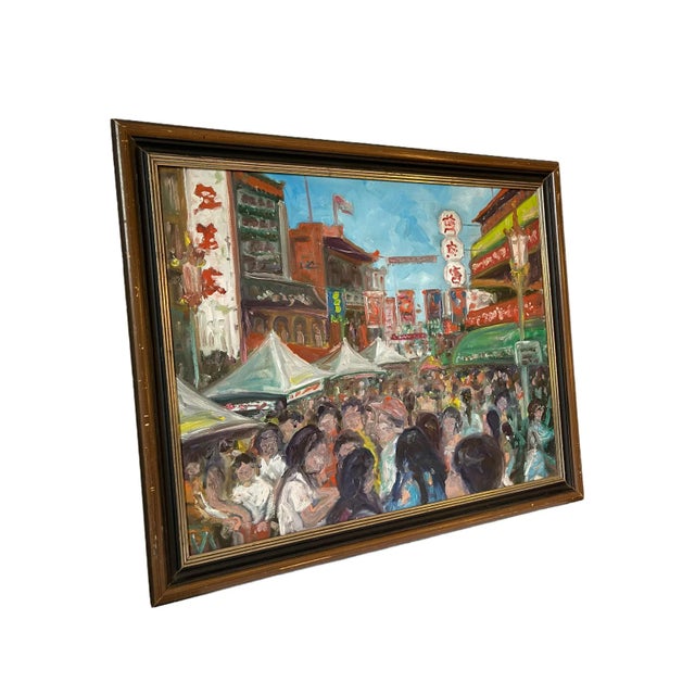 Figurative Late 20th Century "SF Chinatown" Original Oil Painting on Canvas Ed Martinez, Framed For Sale - Image 3 of 6