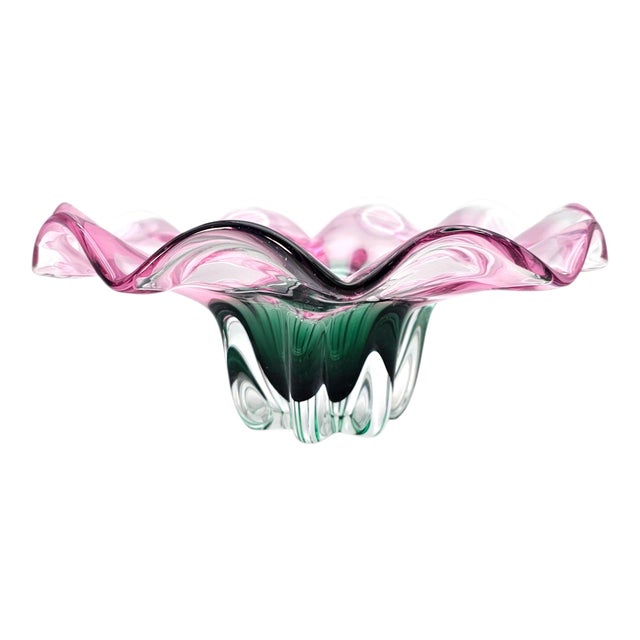 Murano Style Sommerso Art Glass Ruffled Centerpiece Bowl Pink Green 20" For Sale In San Francisco - Image 6 of 17