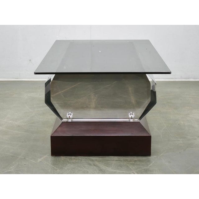 Italian Chrome, Smoked Glass and Wood Coffee Table, 1970s For Sale - Image 10 of 14