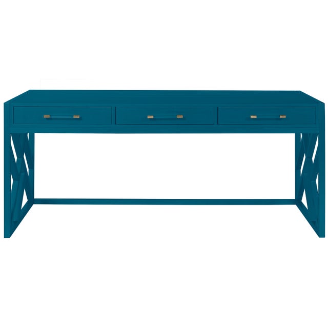 Transitional Casa Cosima CeCe Desk with Wood Fretwork Base, Blue Danube For Sale - Image 3 of 3