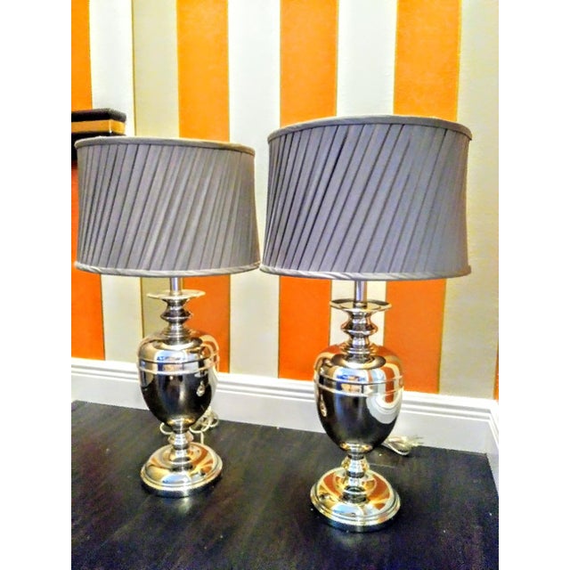 Chrome Tall Modern Lamps With Grey Pleated lamp shades a Pair Chairish