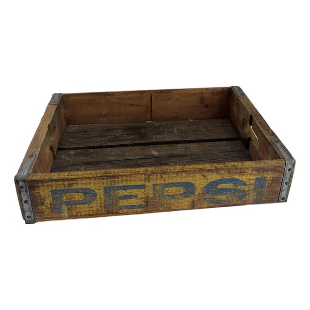 Title: Vintage Pepsi Wood Soda Crate – Yellow With Blue Lettering For Sale