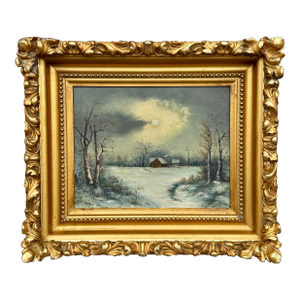 Ruth Martin Signed Oil Painting of Moonlit Winter Landscape in Ornate Gold Carved Wood Frame