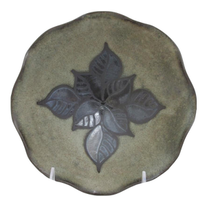 Jane Woodside Leaf Center Scallop Rim Organic Green & Blue Studio Pottery Bowl