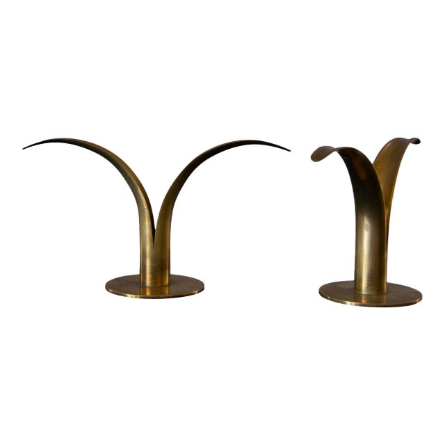 1950s Ivar Åhlenius Björk Ystad Metall Liljan Brass Candelsticks - a Pair For Sale