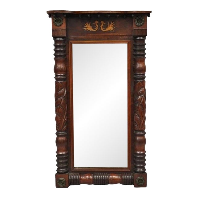 Antique American Empire Walnut Leaf Carved Wall Console Pier Mirror For Sale