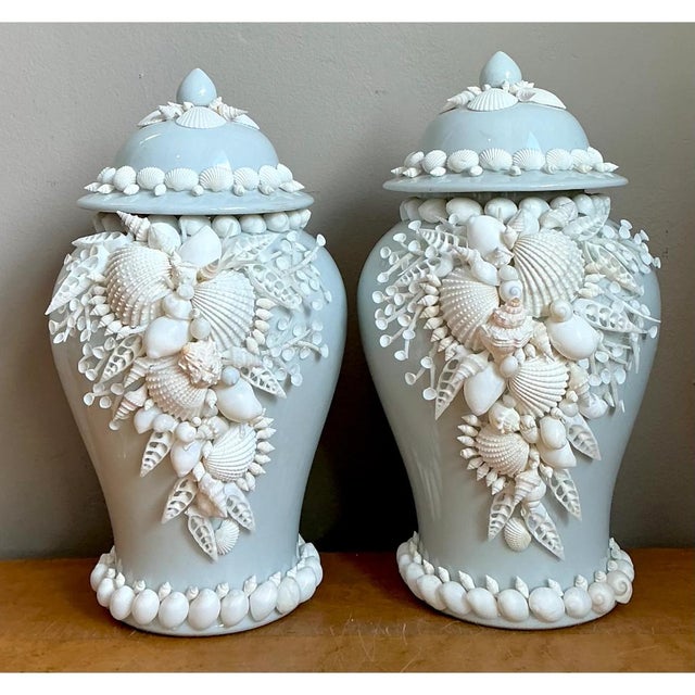 Vintage Shell Encrusted Lidded Ceramic Urns - Pair For Sale - Image 12 of 12
