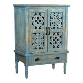 Farmhouse Style Lattice Carved Solid Wood Distressed Blue 2-Door Storage Cabinet For Sale
