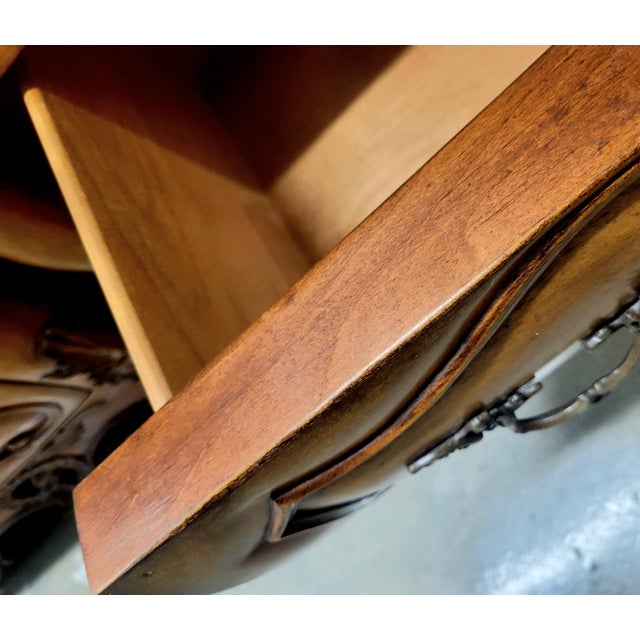 Vintage Century Oversized Solid Wood 2 Drawer French Provincial Rococo Carved Bombe Commode- A Pair For Sale - Image 17 of 18