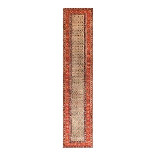 1870s Ivory Geometric Tribal Nw Persian Runner Carpet 3' X 14'6" Handmade Wool Runner Rug For Sale