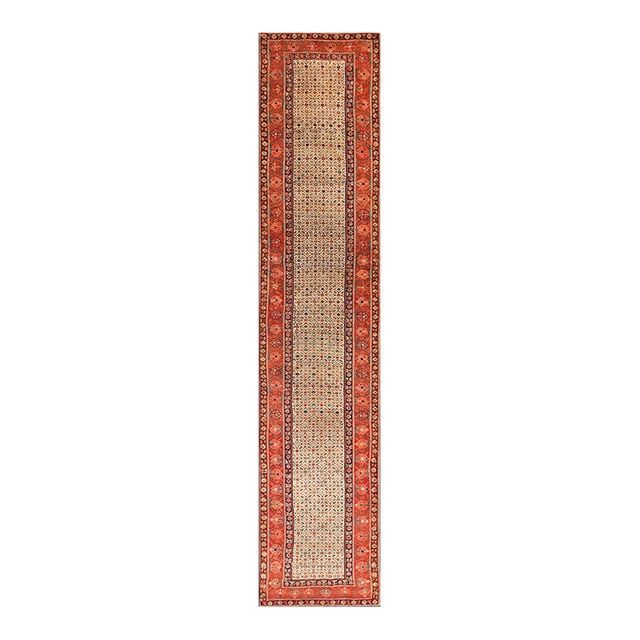 1870s Ivory Geometric Tribal Nw Persian Runner Carpet 3' X 14'6" Handmade Wool Runner Rug For Sale
