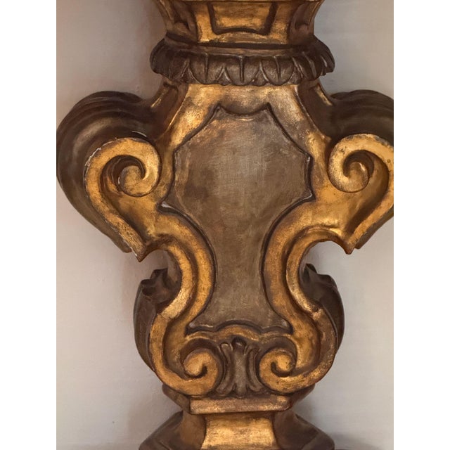 Wood Pair of Italian Giltwood Demilune Consoles With Marble Tops For Sale - Image 7 of 12