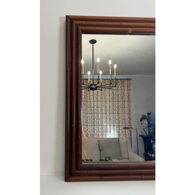 Vintage Hollywood Regency Embossed Faux Bamboo Wood Walnut Stained Wall Mirror For Sale - Image 9 of 11