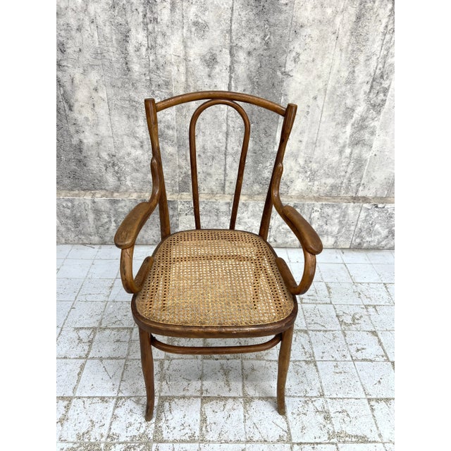 French Individual Bentwood Bistro Chair Carver with Cane Seat, 1920s For Sale - Image 4 of 9