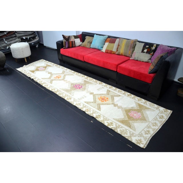 Traditional Vintage Turkish Traditional White Runner Rug 12 Ft For Sale - Image 3 of 11