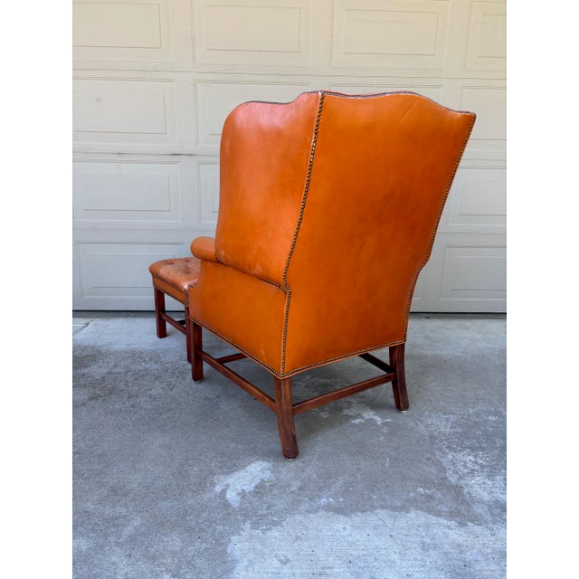 1950s Vintage Chesterfield Georgian Leather Wing Back Button Tufted Chair Ottoman Brass Nailhead For Sale - Image 5 of 16