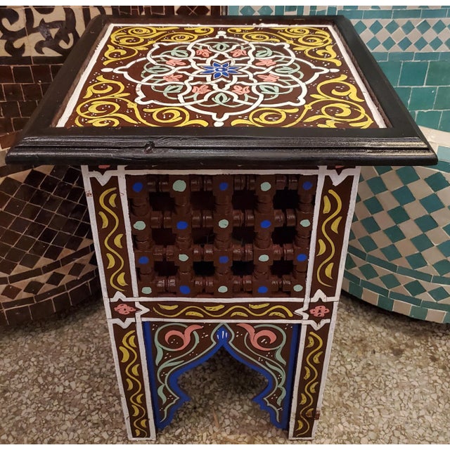 Moroccan Hand Painted Square Wooden End Table For Sale In Orlando - Image 6 of 7