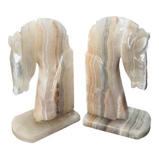 1960s Carved Onyx Horses Head Bookends- a Pair For Sale