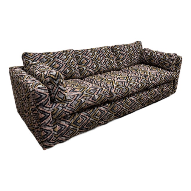 Vintage 70s Sofa Newly Reupholstered Geometric Fabric For Sale
