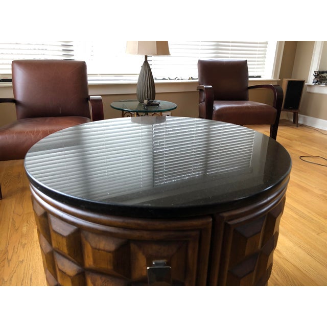 Mid-Century Modern 1970s Sculptural Walnut Drum Bar Cabinet With Black Stone Top For Sale - Image 3 of 5