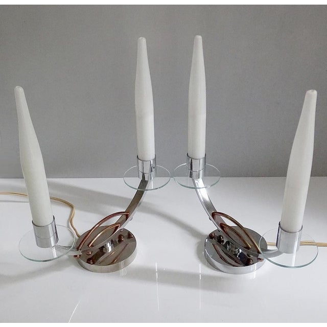 Pair of french art deco table lamps, chrome, glass and brass, opaline glass shade dimensions: h 13 in. X w 13.78 in. X d...