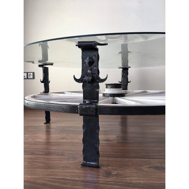 Mid 20th Century 20th Century Glass Top Wooden Wagon White Wheel Accent Spanish Farm Table For Sale - Image 5 of 7