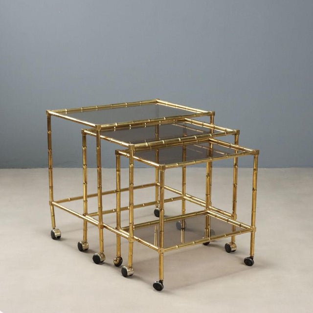 Brass and Smoked Glass Nesting Coffee Tables, 1980s, Set of 3 For Sale - Image 9 of 9