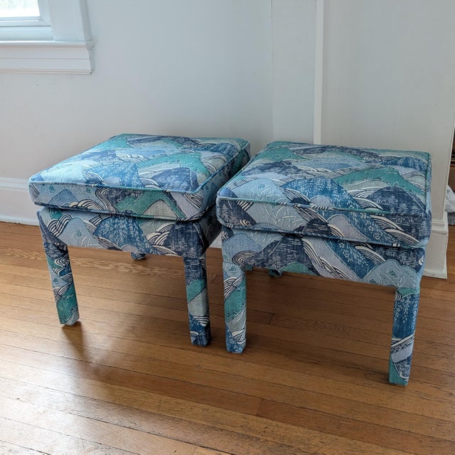 Lee Jofa Kelly Wearstler Edo Linen in Teal Parsons Ottomans - a Pair For Sale In Greensboro - Image 6 of 9
