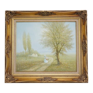 Mid 20th Century Landscape With a Lady Original Oil on Canvas Signed For Sale