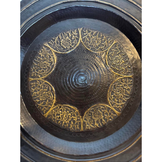 Large 30” Persian Style Repousse Floral Brass Tray Black Bronze Finish For Sale - Image 9 of 12