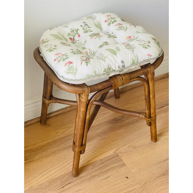 Mid Century Bamboo Rattan Footstool With Strawberry Cushion For Sale In Miami - Image 6 of 6
