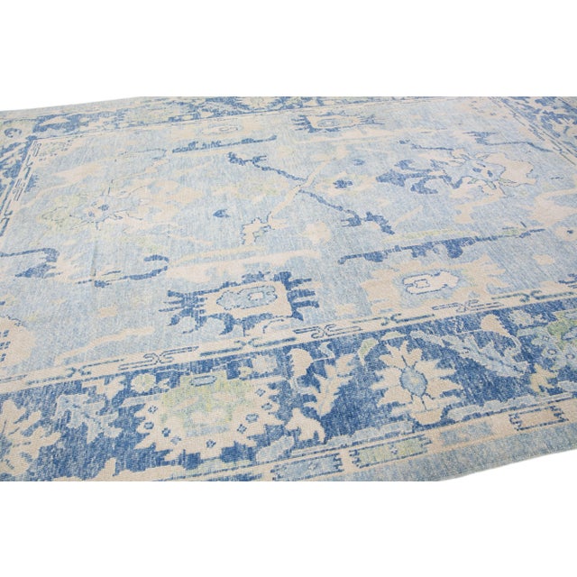 Modern Turkish Oushak Light Blue Handmade Wool Rug With Floral Pattern For Sale In New York - Image 6 of 7
