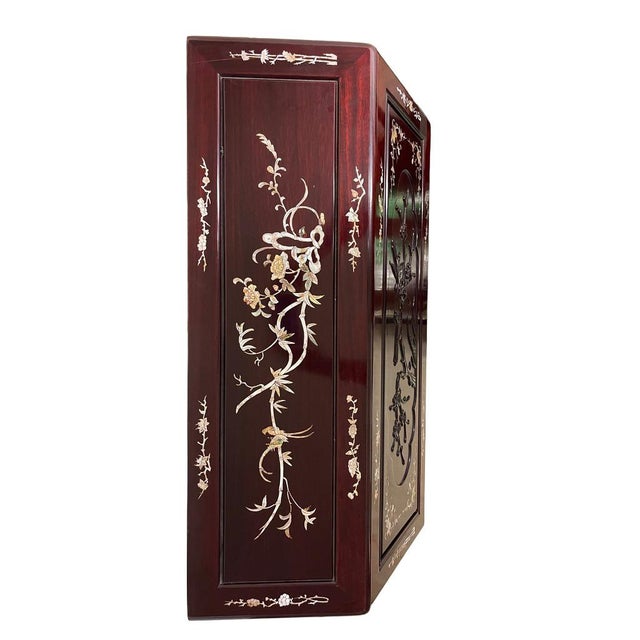 1990s Dark Cherry Rosewood Flower and Bird Design Asian Secretaire For Sale - Image 4 of 4