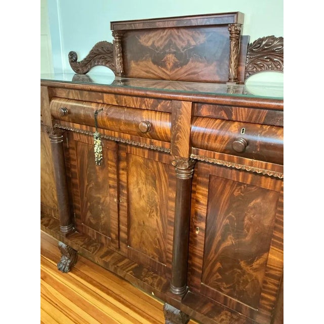 19th Century Antique American Empire Carved Flame Mahogany Sideboard With Lion Paw Feet For Sale - Image 5 of 18