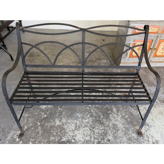 Victorian Vintage Regency-Style Reeded Wrought-Iron Garden Bench With Paw Feet For Sale - Image 3 of 12