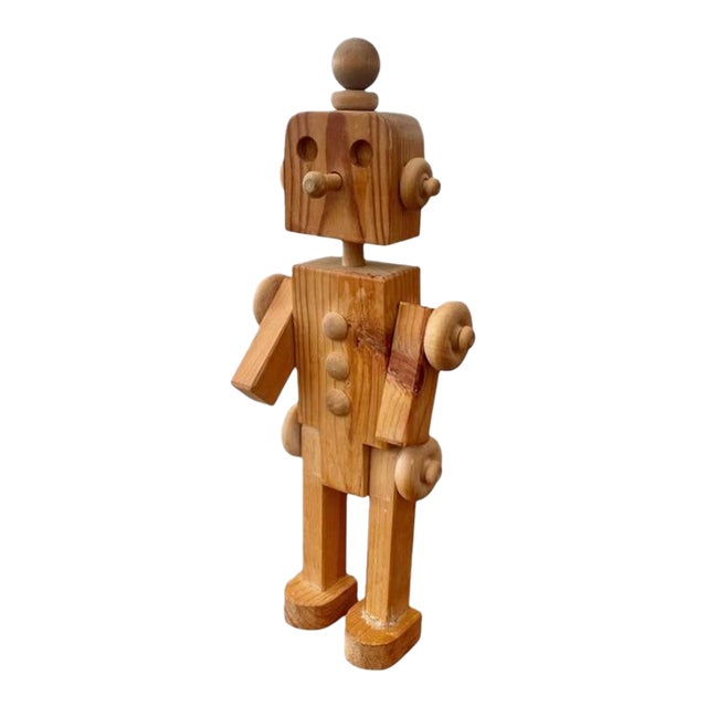 Folk Art Carved Wood Robot, Geometric Figure, Signed 1989 For Sale