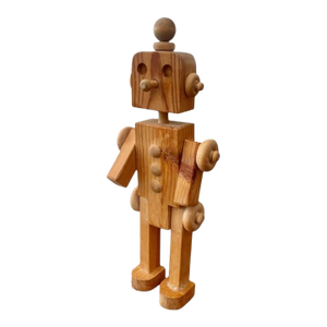 Folk Art Carved Wood Robot, Geometric Figure, Signed 1989