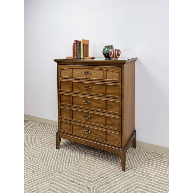 Dixie MCM Tallboy Dresser Woven Drawer Fronts Brass Pulls Vintage Furniture For Sale - Image 10 of 11