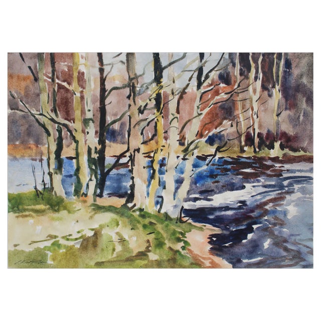 Edgars Vinters, Forest Landscape with River, Watercolor, 1980s For Sale