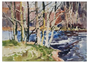 Edgars Vinters, Forest Landscape with River, Watercolor, 1980s