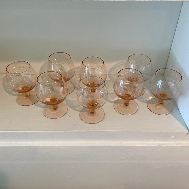 Rose Vintage Rose-Colored Etched Stemware- Set of 8 For Sale - Image 8 of 10