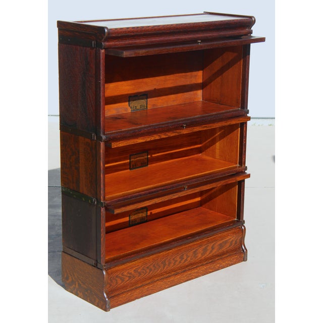 Globe Wernicke Antique Globe-Wernicke 3-Tier Tiger Oak Barrister Bookcase – Grade 299 For Sale - Image 4 of 17