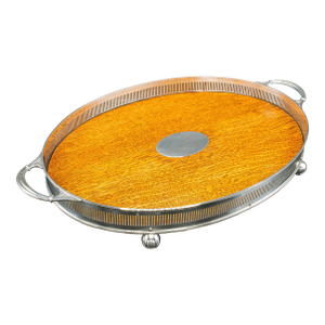 Large Antique Oval Serving Tray, English, Oak, Silver Plate, Edwardian, c.1910